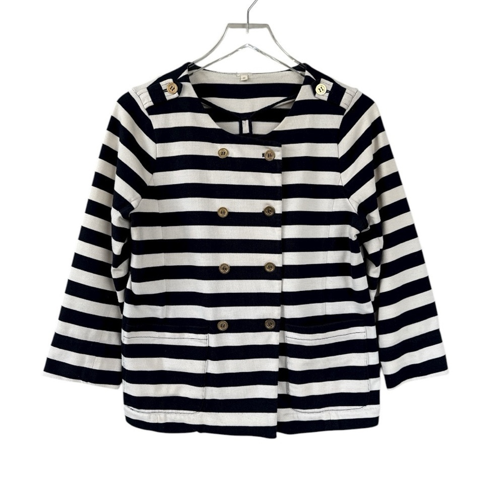 J. Crew Merriweather Navy Blue & Cream Striped Knit Nautical Jacket Size Medium